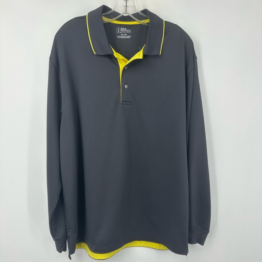 PGA Tour Gray Long Sleeve Dry Fit Shirt Collar Neon Yellow Mens XL | C190